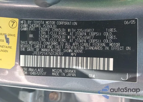 2005 Toyota Highlander Limited V6 from USA, damaged, VIN JTEEP21A150128397